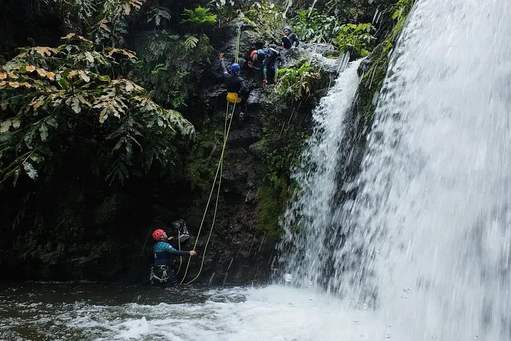 Group of people rappelling down a steep, rocky cliff beside a large waterfall